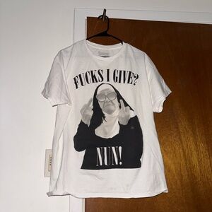 White Graphic T-Shirt with Nun Print